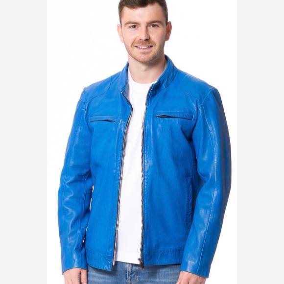 Genuine Leather Distressed Look Cafe Racer Jacket Zip Front & Sleeves Blue Large - Picture 4 of 14
